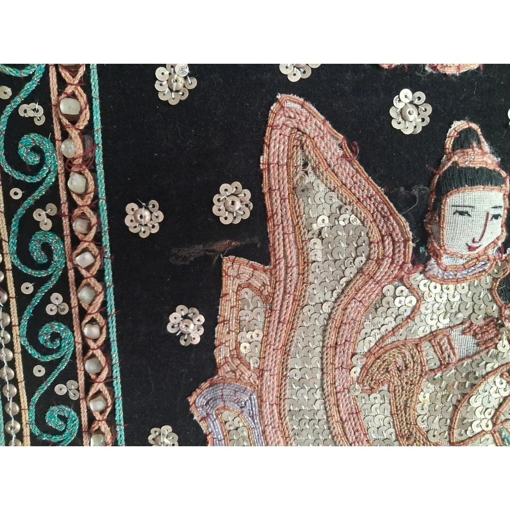 Vintage Thai Burma Myanmar Kalaga Tapestry Ramayana - Koi  Sequins